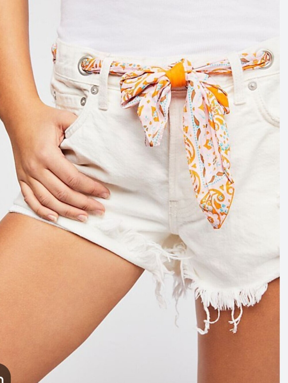 Free People White Denim Cutoff Shorts with Orange Paisley Tie * 24 *NWT